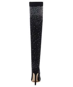 Trendy & Unique Sparkly Rhinestone Pointed Toe Stiletto Heel Thigh High Boots - Black What's New