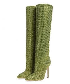 Trendy & Unique Sparkly Rhinestone Pointed Toe Stiletto Heel Thigh High Boots - Green What's New