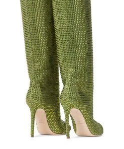 Trendy & Unique Sparkly Rhinestone Pointed Toe Stiletto Heel Thigh High Boots - Green What's New