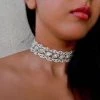 Trendy & Unique Sparkly Rhinestone Scalloped Chain Statement Choker Necklace - Silver