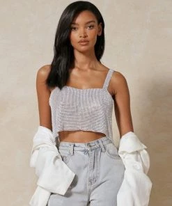 Trendy & Unique What's New Sparkly Rhinestone Square Neck Crop Metal Tank Top - Silver