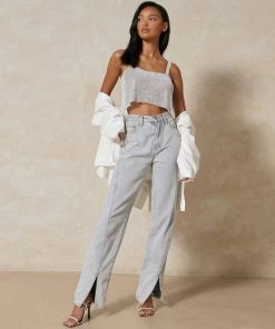 Trendy & Unique What's New Sparkly Rhinestone Square Neck Crop Metal Tank Top - Silver