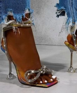 Trendy & Unique Sparkly Rhinestone Square Toe Ankle Strap Butterfly Heels - Rainbow