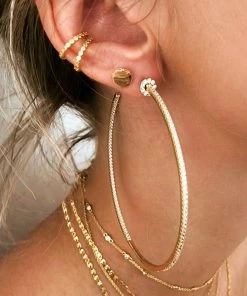 Trendy & Unique Jewelry Sparkly Rhinestone Studded Pleated Large Hoop Earrings - Gold