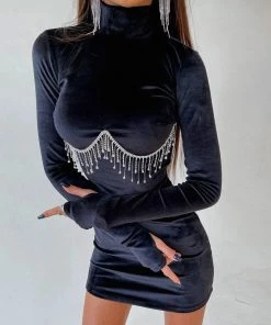 Trendy & Unique Sparkly Rhinestone Tassel High Neck Long Sleeve Velvet Party Mini Dress - Black