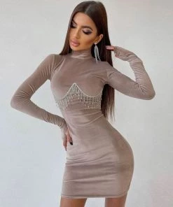 Trendy & Unique Sparkly Rhinestone Tassel High Neck Long Sleeve Velvet Party Mini Dress - Coffee What's New