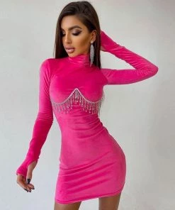 Trendy & Unique Sparkly Rhinestone Tassel High Neck Long Sleeve Velvet Party Mini Dress - Rose