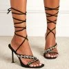 Trendy & Unique Sparkly Rhinestone Trim Wrap Tie Stiletto Heel Sandals - Black