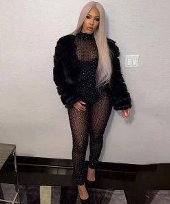 Trendy & Unique What's New Sparkly Trimmed High Neck Long Sleeve Mesh Sheer Jumpsuit - Black 7 Trendy & Unique What's New Sparkly Trimmed High Neck Long Sleeve Mesh Sheer Jumpsuit - Black