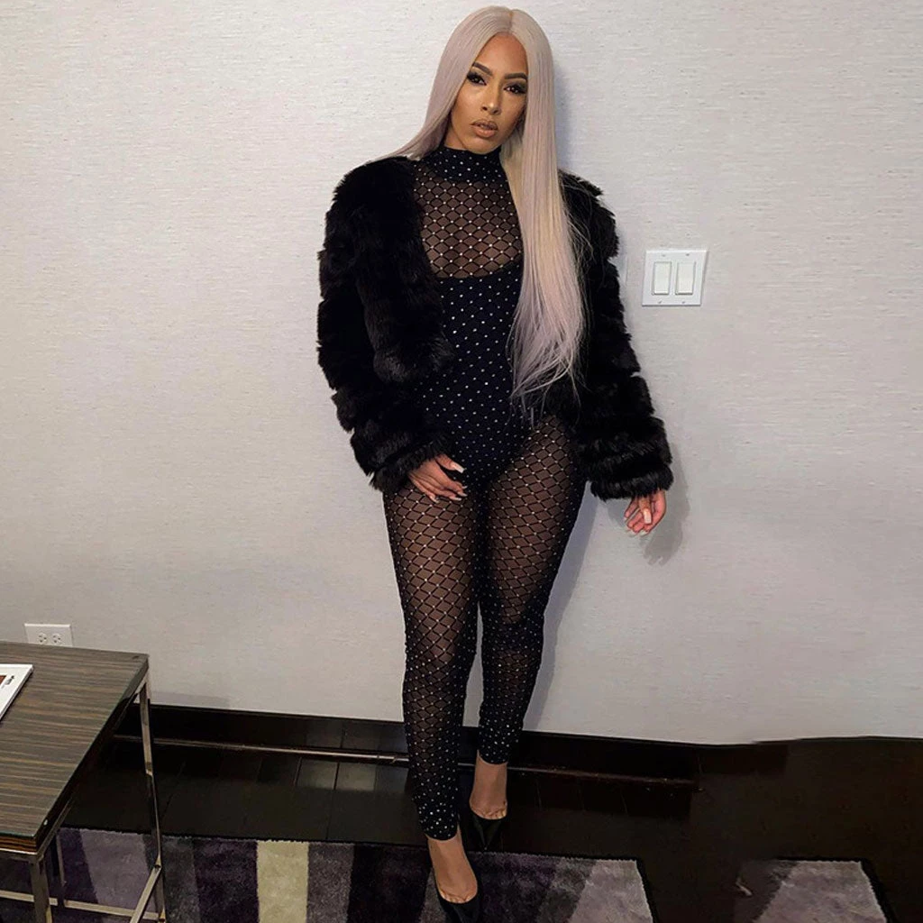 Trendy & Unique What's New Sparkly Trimmed High Neck Long Sleeve Mesh Sheer Jumpsuit - Black 4 Trendy & Unique What's New Sparkly Trimmed High Neck Long Sleeve Mesh Sheer Jumpsuit - Black