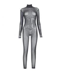 Trendy & Unique What's New Sparkly Trimmed High Neck Long Sleeve Mesh Sheer Jumpsuit - Black 8 Trendy & Unique What's New Sparkly Trimmed High Neck Long Sleeve Mesh Sheer Jumpsuit - Black