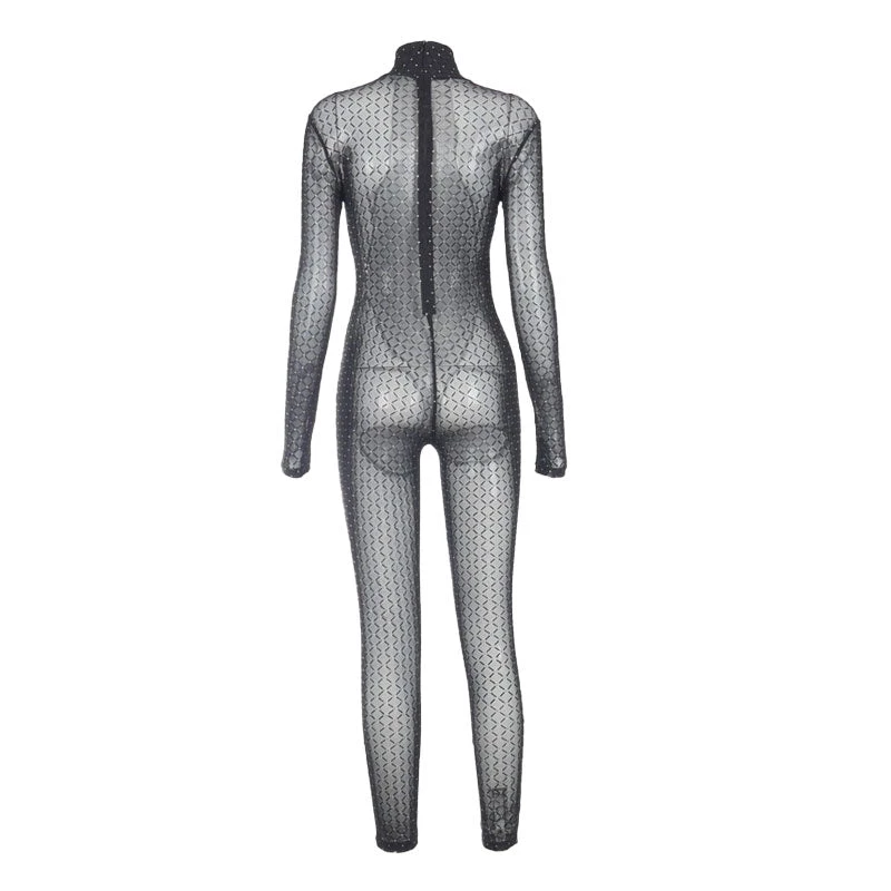 Trendy & Unique What's New Sparkly Trimmed High Neck Long Sleeve Mesh Sheer Jumpsuit - Black 6 Trendy & Unique What's New Sparkly Trimmed High Neck Long Sleeve Mesh Sheer Jumpsuit - Black