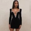 Trendy & Unique Sparkly Rhinestone V Neck Long Sleeve Velvet Party Mini Dress - Black 2 Trendy & Unique Sparkly Rhinestone V Neck Long Sleeve Velvet Party Mini Dress - Black