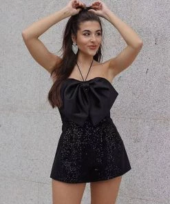 Trendy & Unique Sparkly Sequin Bow Embellished Halter Neck Party Romper - Black