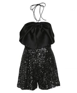 Trendy & Unique Sparkly Sequin Bow Embellished Halter Neck Party Romper - Black