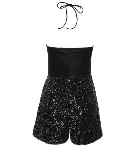 Trendy & Unique Sparkly Sequin Bow Embellished Halter Neck Party Romper - Black