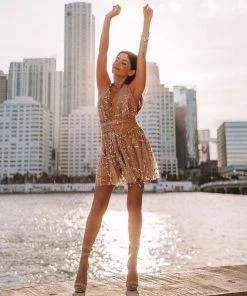 Trendy & Unique Sparkly Sequin Deep V Neck Backless Party Mini Dress - Gold