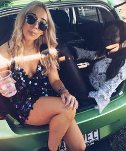 Trendy & Unique What's New Sparkly Sequin Deep V Neck Backless Slip Mini Dress - Navy Blue