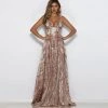 Trendy & Unique What's New Sparkly Sequin Deep V Neck High Slit Formal Maxi Dress - Champagne