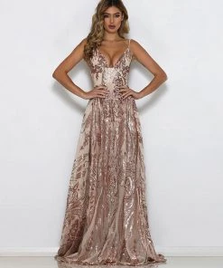 Trendy & Unique What's New Sparkly Sequin Deep V Neck High Slit Formal Maxi Dress - Champagne