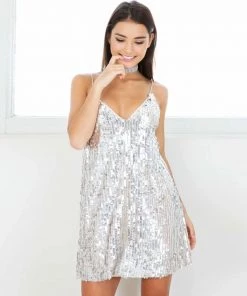 Trendy & Unique What's New Sparkly Sequin Deep V Neck Spaghetti Strap Slip Mini Dress - Silver