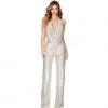 Trendy & Unique What's New Sparkly Sequin Halter Cowl Neck Wide Leg Backless Jumpsuit - Silver