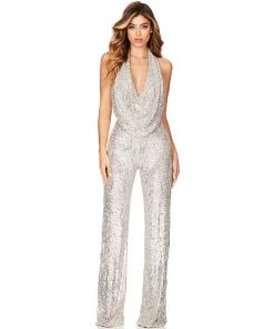 Trendy & Unique What's New Sparkly Sequin Halter Cowl Neck Wide Leg Backless Jumpsuit - Silver