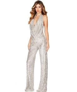 Trendy & Unique What's New Sparkly Sequin Halter Cowl Neck Wide Leg Backless Jumpsuit - Silver