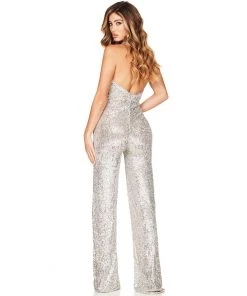 Trendy & Unique What's New Sparkly Sequin Halter Cowl Neck Wide Leg Backless Jumpsuit - Silver