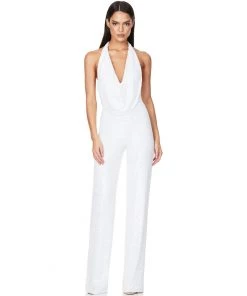 Trendy & Unique What's New Sparkly Sequin Halter Cowl Neck Wide Leg Backless Jumpsuit - White
