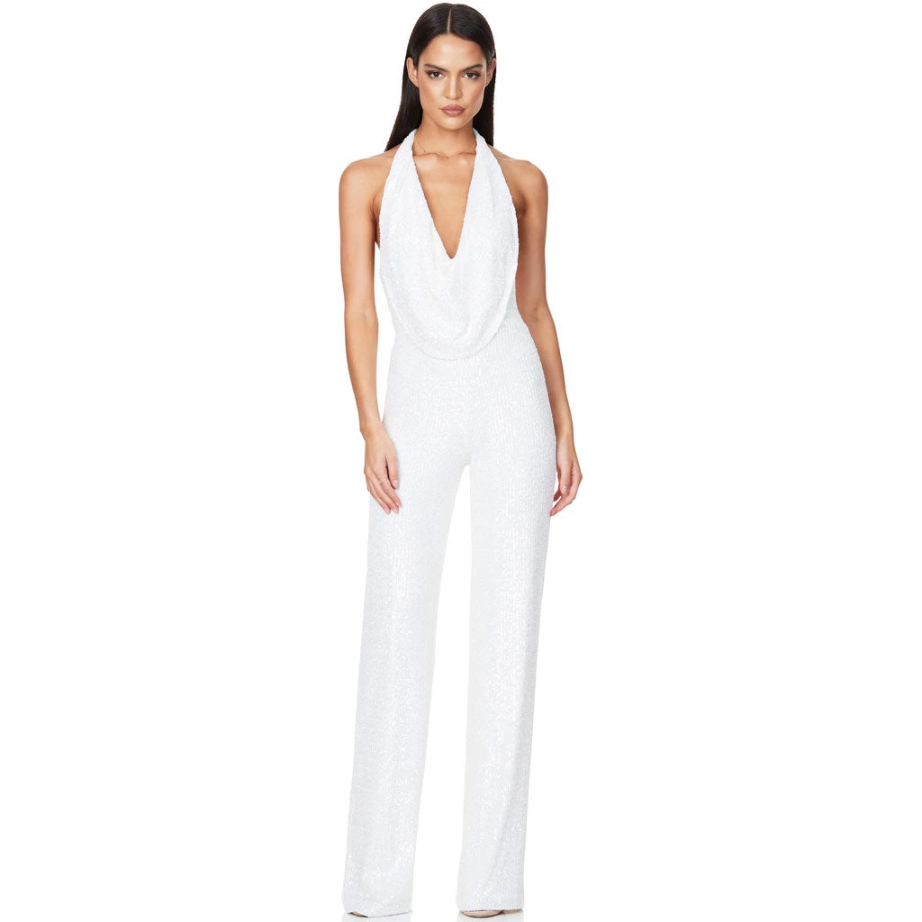 Trendy & Unique What's New Sparkly Sequin Halter Cowl Neck Wide Leg Backless Jumpsuit - White 3 Trendy & Unique What's New Sparkly Sequin Halter Cowl Neck Wide Leg Backless Jumpsuit - White