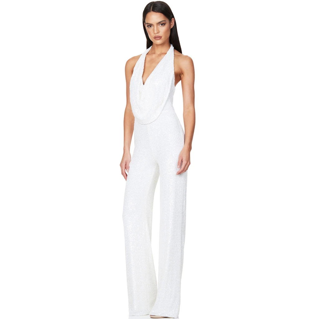 Trendy & Unique What's New Sparkly Sequin Halter Cowl Neck Wide Leg Backless Jumpsuit - White 4 Trendy & Unique What's New Sparkly Sequin Halter Cowl Neck Wide Leg Backless Jumpsuit - White