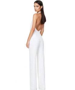 Trendy & Unique What's New Sparkly Sequin Halter Cowl Neck Wide Leg Backless Jumpsuit - White 7 Trendy & Unique What's New Sparkly Sequin Halter Cowl Neck Wide Leg Backless Jumpsuit - White