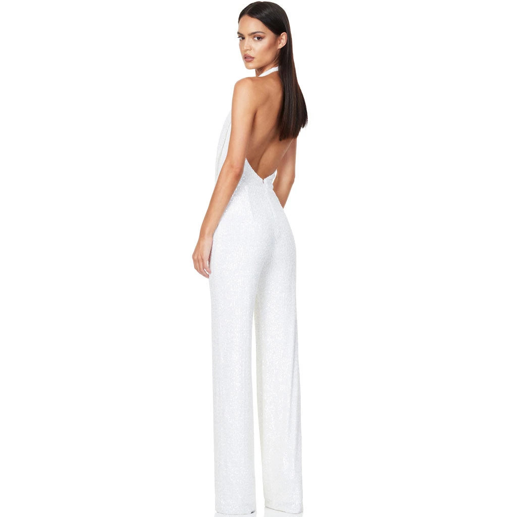 Trendy & Unique What's New Sparkly Sequin Halter Cowl Neck Wide Leg Backless Jumpsuit - White 5 Trendy & Unique What's New Sparkly Sequin Halter Cowl Neck Wide Leg Backless Jumpsuit - White