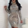 Trendy & Unique Sparkly Sequin High Neck Long Sleeve Party Mini Dress - Silver What's New