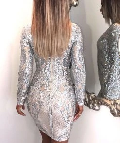 Trendy & Unique Sparkly Sequin High Neck Long Sleeve Party Mini Dress - Silver What's New