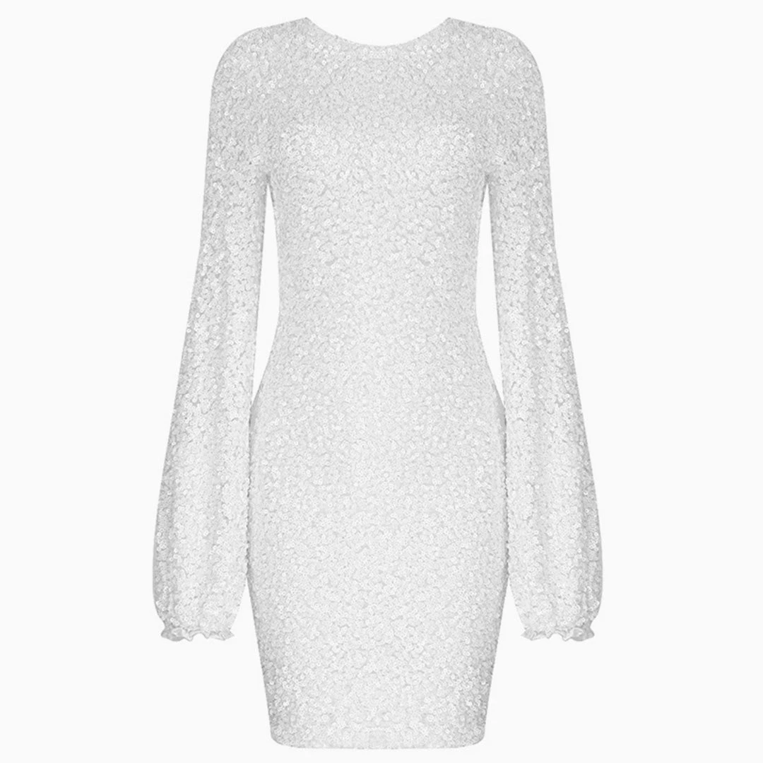 Trendy & Unique Sparkly Sequin Lacy Long Sleeve Party Mini Dress - White What's New 5 Trendy & Unique Sparkly Sequin Lacy Long Sleeve Party Mini Dress - White What's New