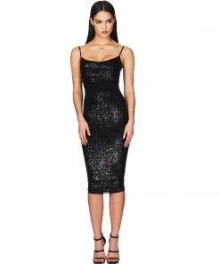 Trendy & Unique Sparkly Sequin Scoop Neck Bodycon Cocktail Midi Dress - Black