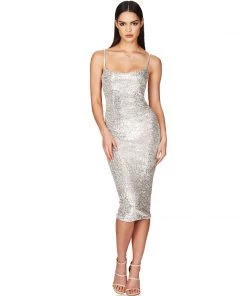 Trendy & Unique What's New Sparkly Sequin Scoop Neck Bodycon Cocktail Midi Dress - Silver