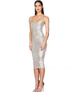 Trendy & Unique What's New Sparkly Sequin Scoop Neck Bodycon Cocktail Midi Dress - Silver