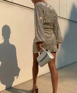 Trendy & Unique What's New Sparkly Sequin V Neck Long Sleeve Wrap Mini Dress - Silver