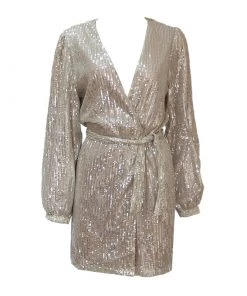 Trendy & Unique What's New Sparkly Sequin V Neck Long Sleeve Wrap Mini Dress - Silver