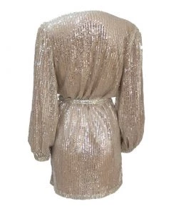 Trendy & Unique What's New Sparkly Sequin V Neck Long Sleeve Wrap Mini Dress - Silver