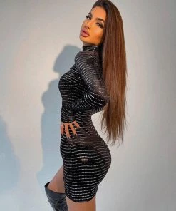 Trendy & Unique Sparkly Turtleneck Long Sleeve Sequin Velvet Mini Dress - Black What's New