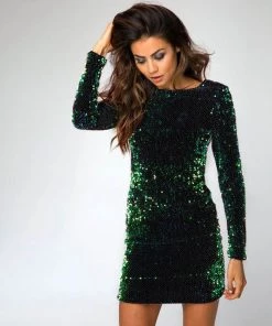 Trendy & Unique Sparkly V Back Long Sleeve Bodycon Sequin Mini Dress - Green What's New
