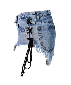 Trendy & Unique What's New Street High Waist Lace Up Button Down Frayed Denim Shorts - Blue