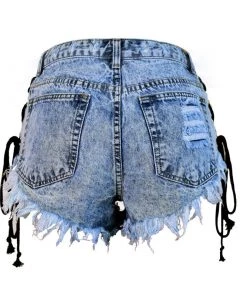 Trendy & Unique What's New Street High Waist Lace Up Button Down Frayed Denim Shorts - Blue