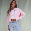 Trendy & Unique Street Long Sleeve Button Up Frayed Crop Denim Jacket - Pink