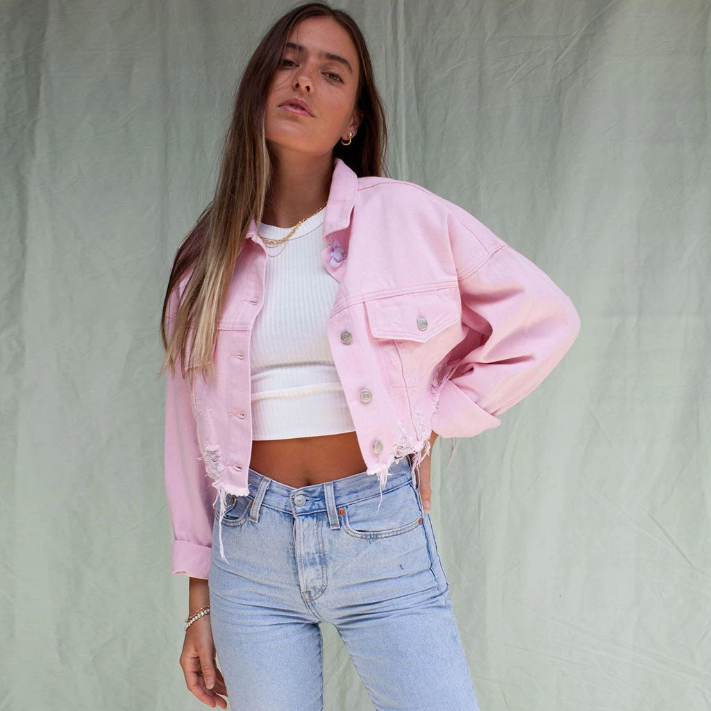 Trendy & Unique Street Long Sleeve Button Up Frayed Crop Denim Jacket - Pink 3 Trendy & Unique Street Long Sleeve Button Up Frayed Crop Denim Jacket - Pink