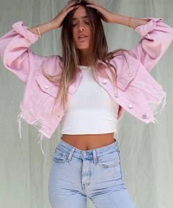 Trendy & Unique Street Long Sleeve Button Up Frayed Crop Denim Jacket - Pink
